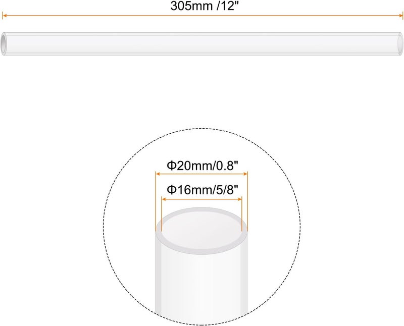 Rebower 12" Clear Plastic Rigid Pipe 16mm x 20mm(5/8" x 0.8") Acrylic Tube Round Polycarbonate Tubing, [for Plumbing, Hydraulics, Aquarium, DIY] - 2Pcs - Image 2